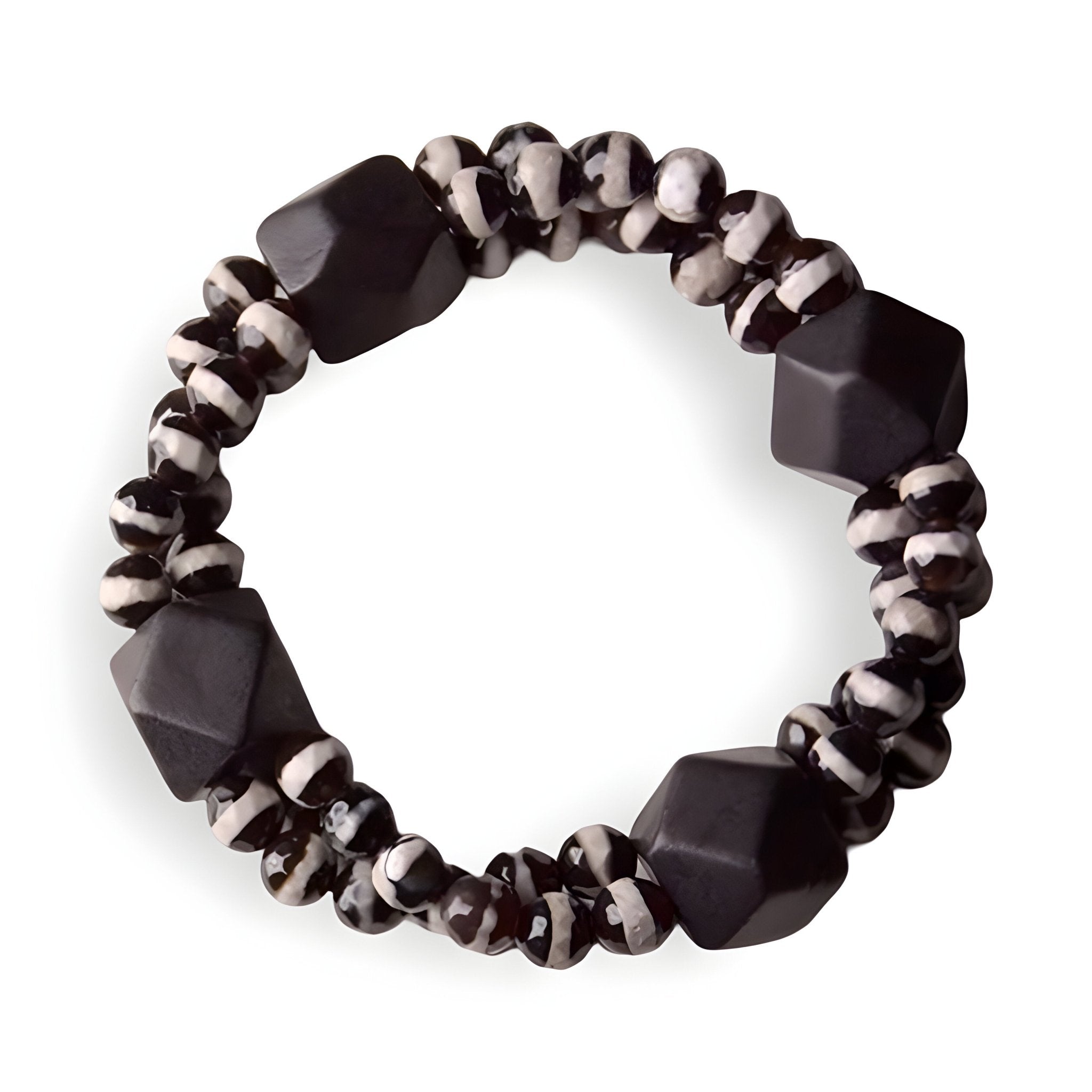 Bracelet mixte en agate beige et bois d’ébène noir aux formes géométriques uniques.