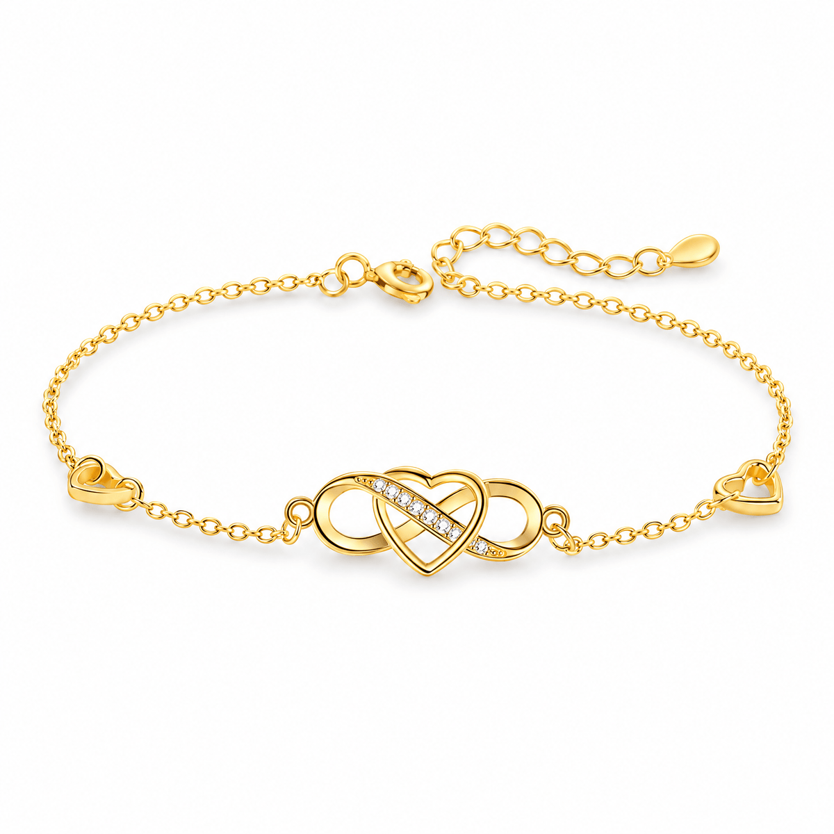 Packshot studio bracelet Lauranne or, motif infini et cœur serti de zircons.