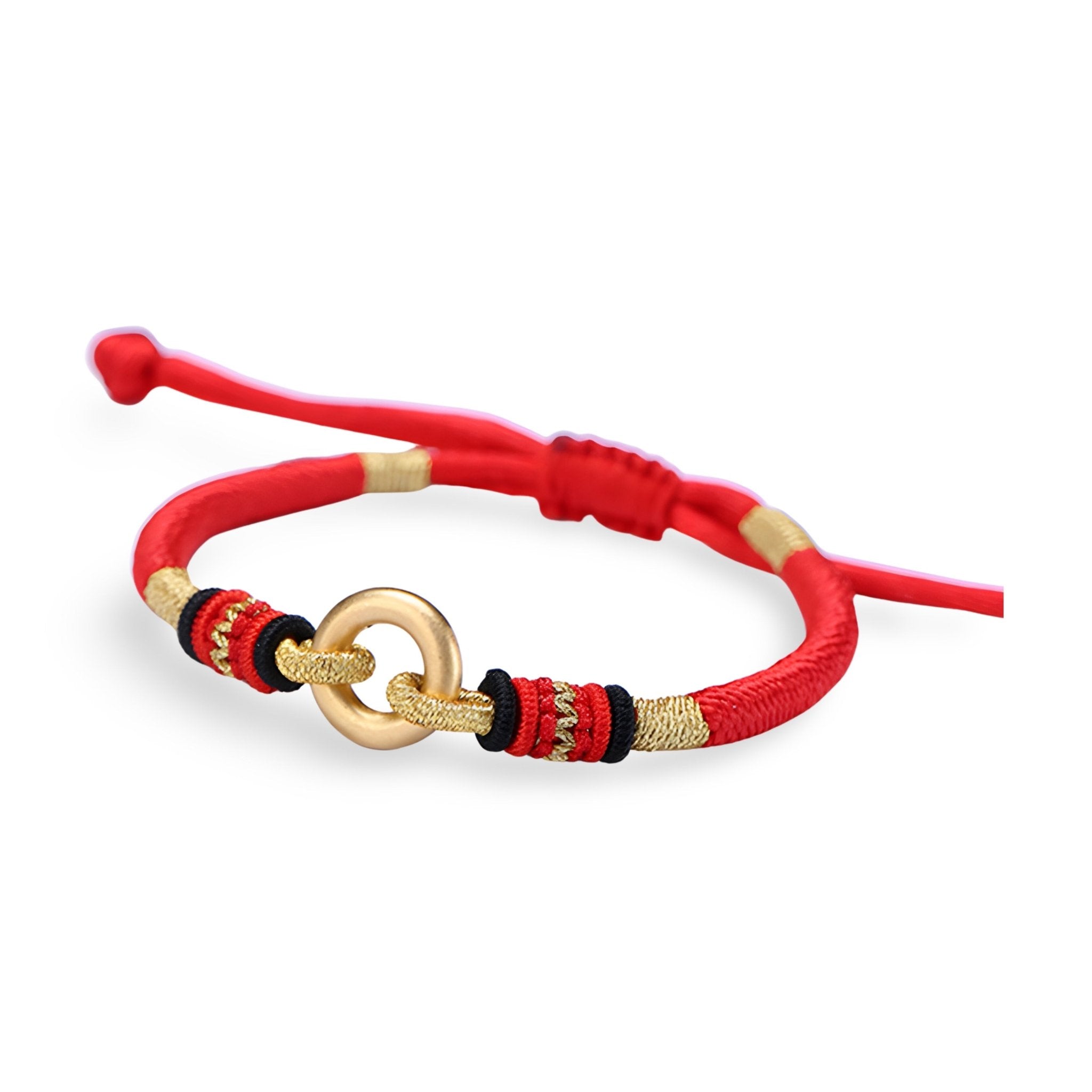 Bracelet rouge en corde avec cercle doré en argent sterling et détails noirs et dorés Ajustable pour femme.