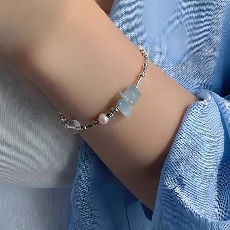Pulsera de plata de ley, piedras de aguamarina y perlas naturales, para mujer, modelo Paula
