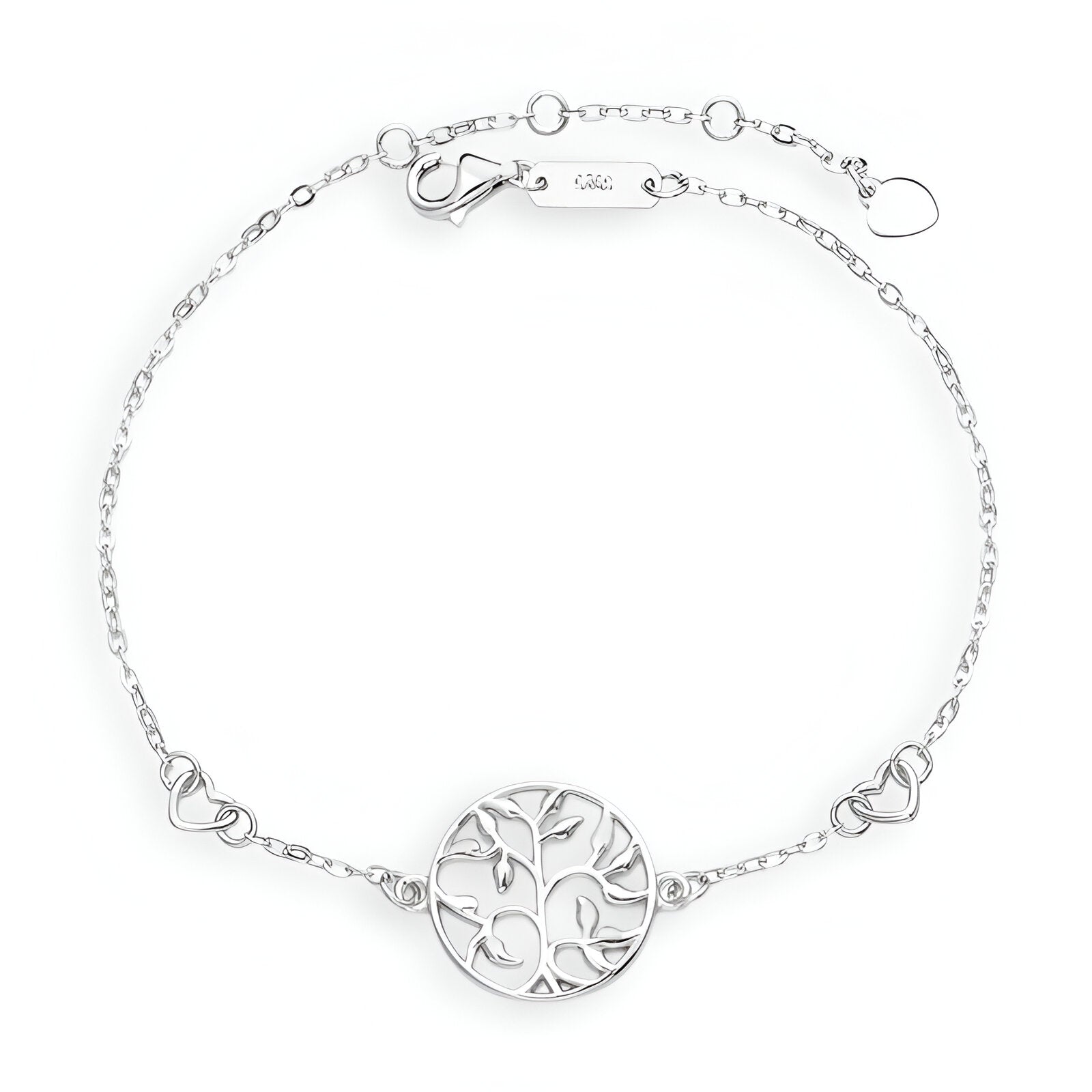 Bracelet fin en argent sterling avec pendentif arbre de vie rond et motifs cœurs délicats.