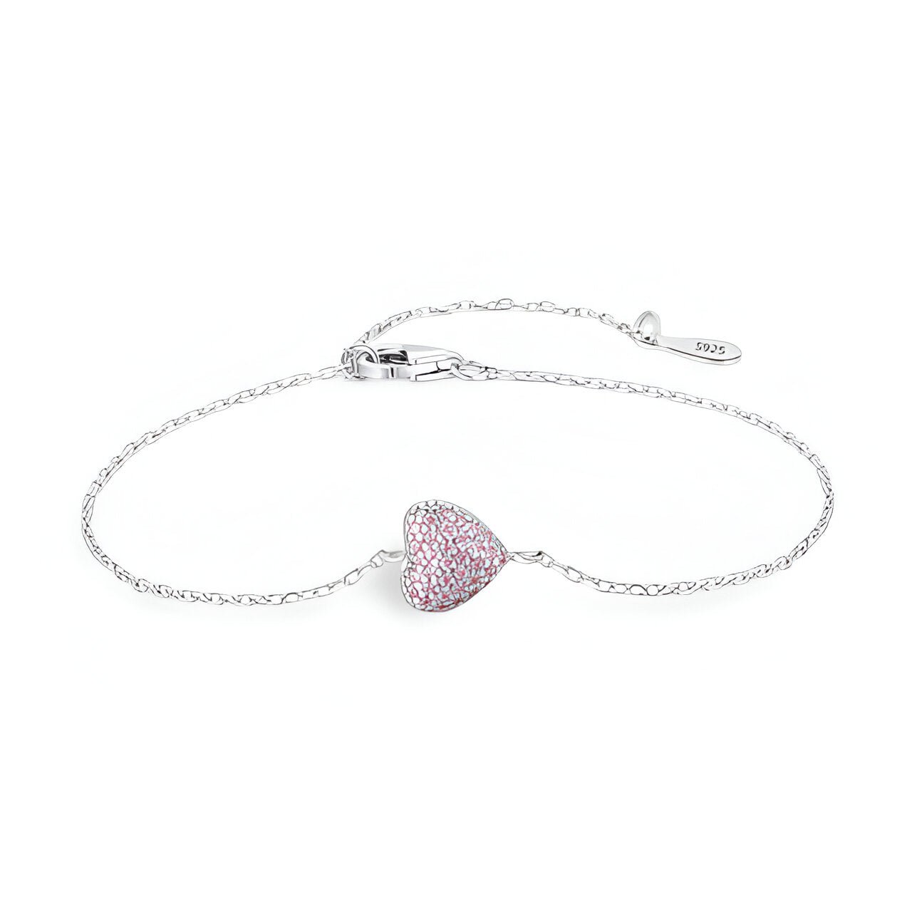 Bracelet en argent sterling avec chaînette fine et charm coeur orné de petites pierres roses.