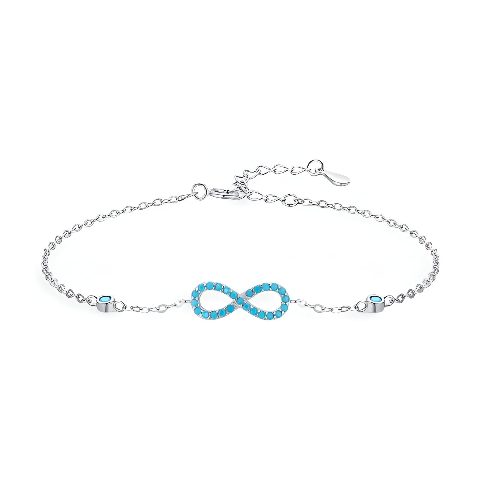 Bracelet en argent sterling avec charm infini orné de petites turquoises, design délicat pour femme.