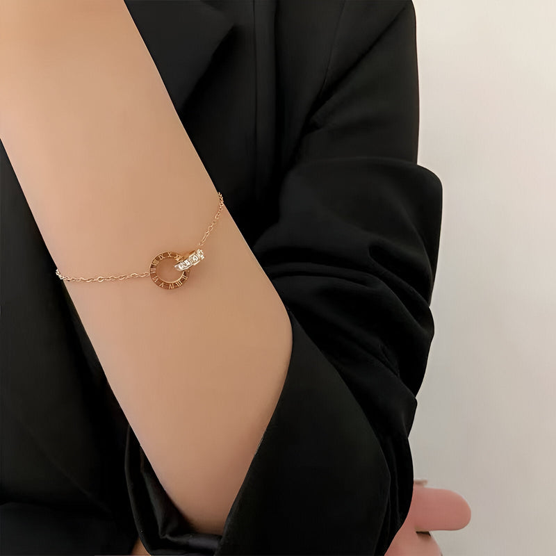 Pulsera de titanio para mujer, dúo de círculos entrelazados, números romanos, modelo Xina