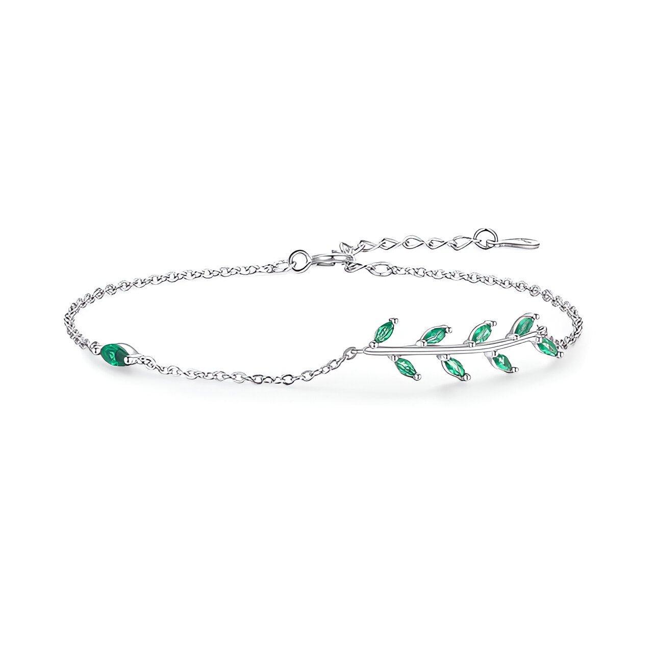 Bracelet en argent sterling avec motif feuille et pierres vertes, chaîne fine ajustable.