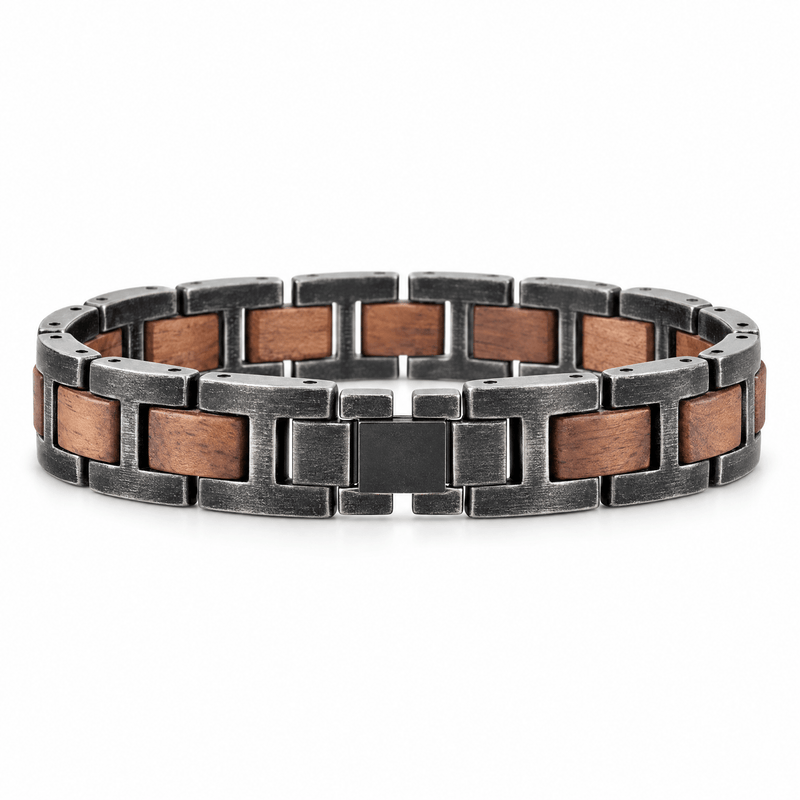 Packshot studio bracelet Alphonse Noir et marron, vue de face sur fond blanc — 8 octobre 2026