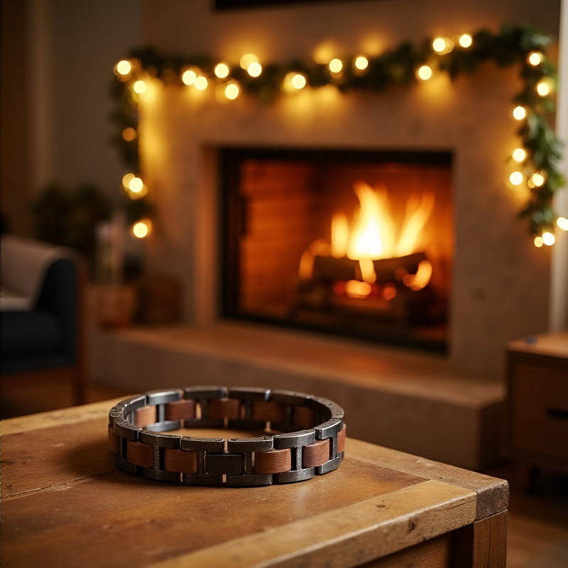 Bracelet homme en bois de noyer noir et marron à maillons rectangulaires, style naturel.