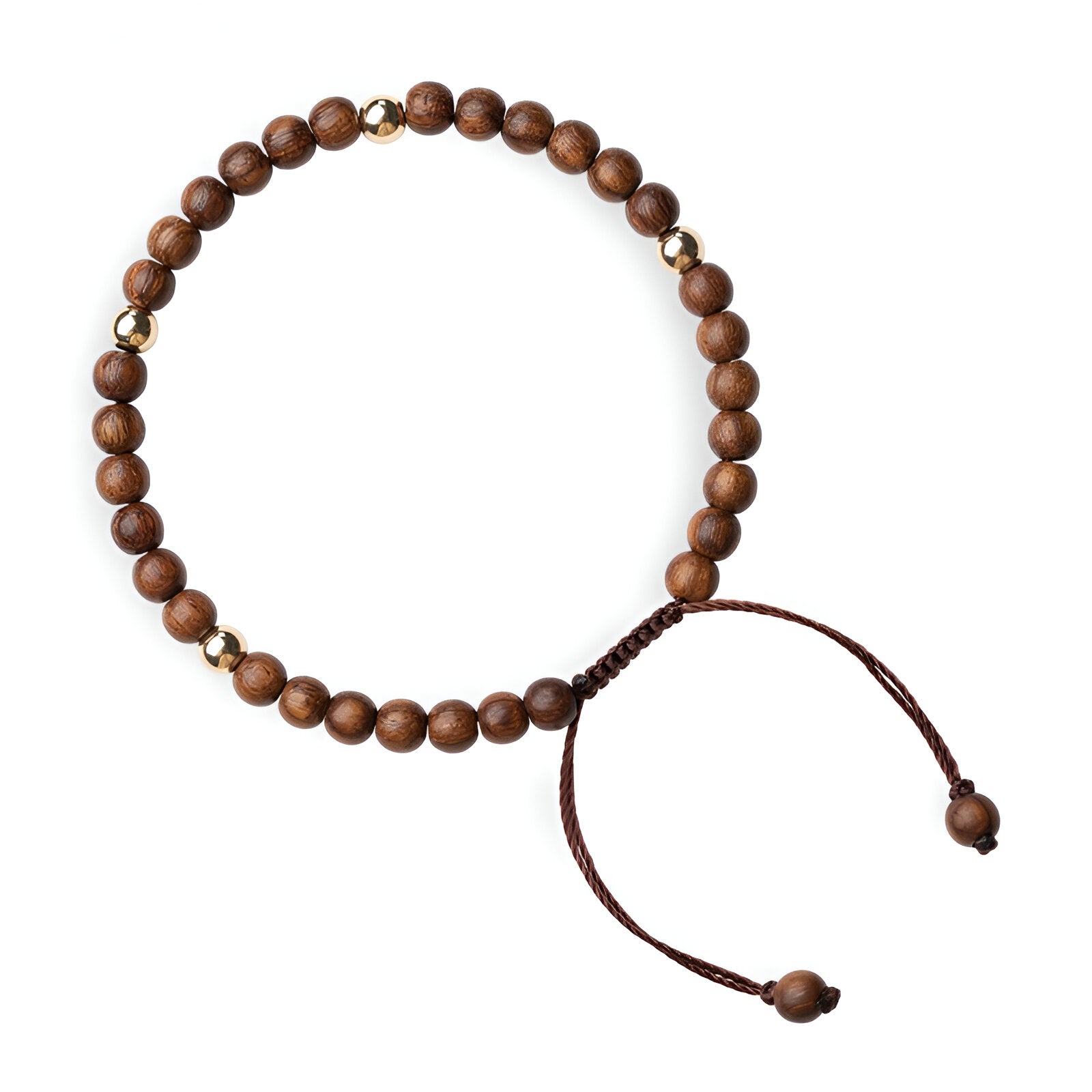 Bracelet réglable en perles rondes de bois de santal marron avec finitions en cordon tressé.