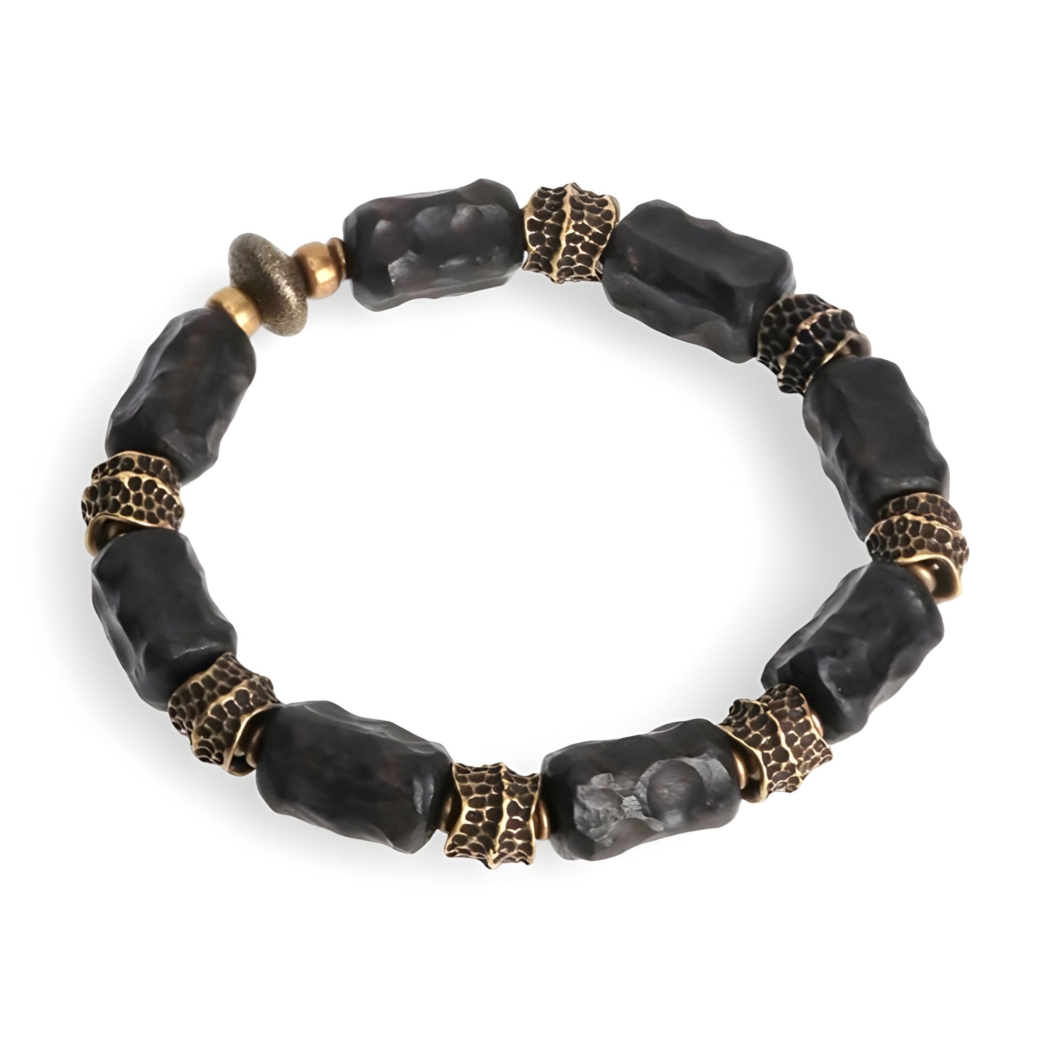 Bracelet mixte en bois d’ébène noir avec intercalaires en laiton gravé, design unique et artisanal.