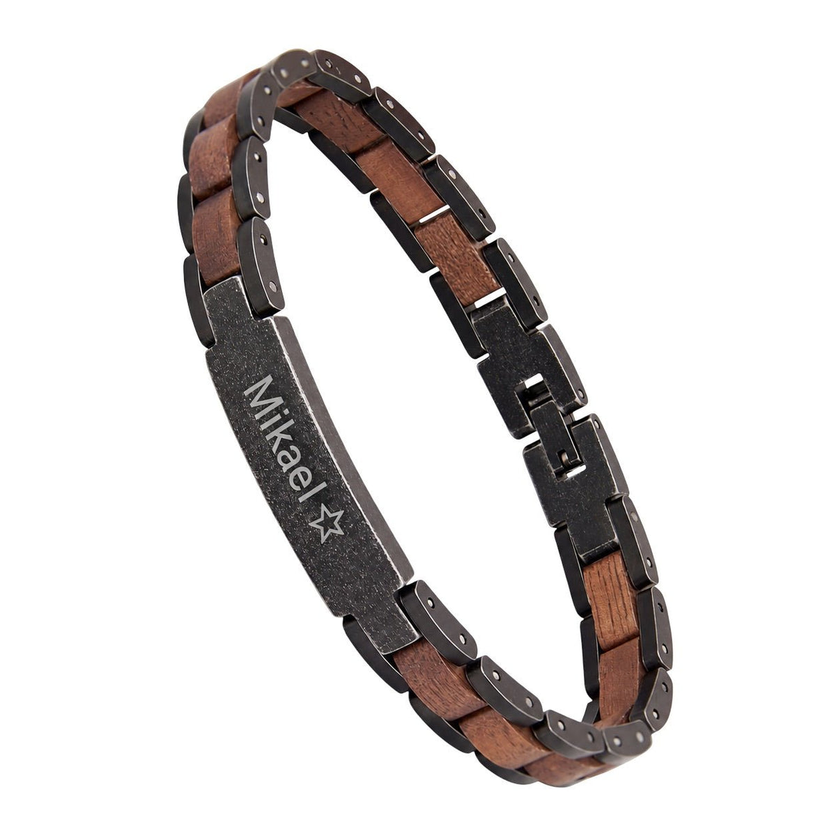 Bracelet en bois et acier inoxydable, plaque personnalisable par gravure, maillons ajustables, modèle Vodin