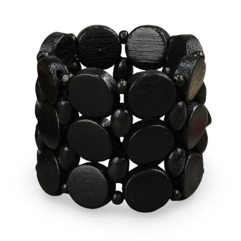 Bracelet femme en bois naturel noir avec larges perles rondes et monture élastique.