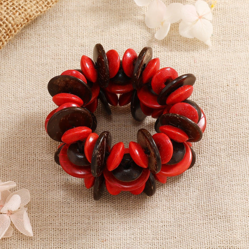 Bracelet femme en bois naturel, motif rond alternant perles café et rouge, style Terra.