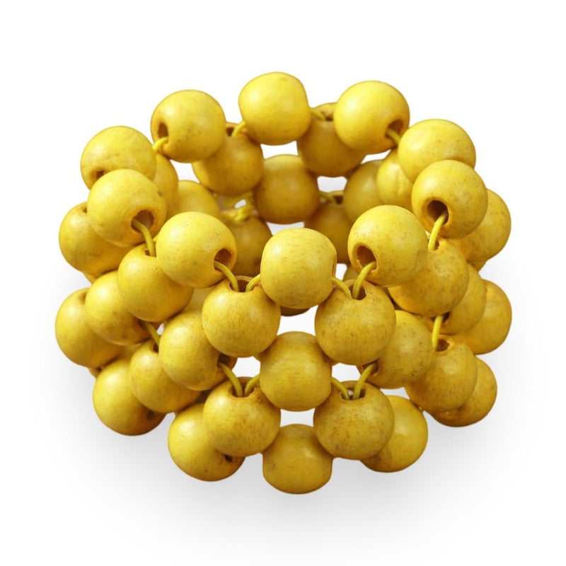 Bracelet femme en bois naturel perlé jaune, style bohème et élastique.