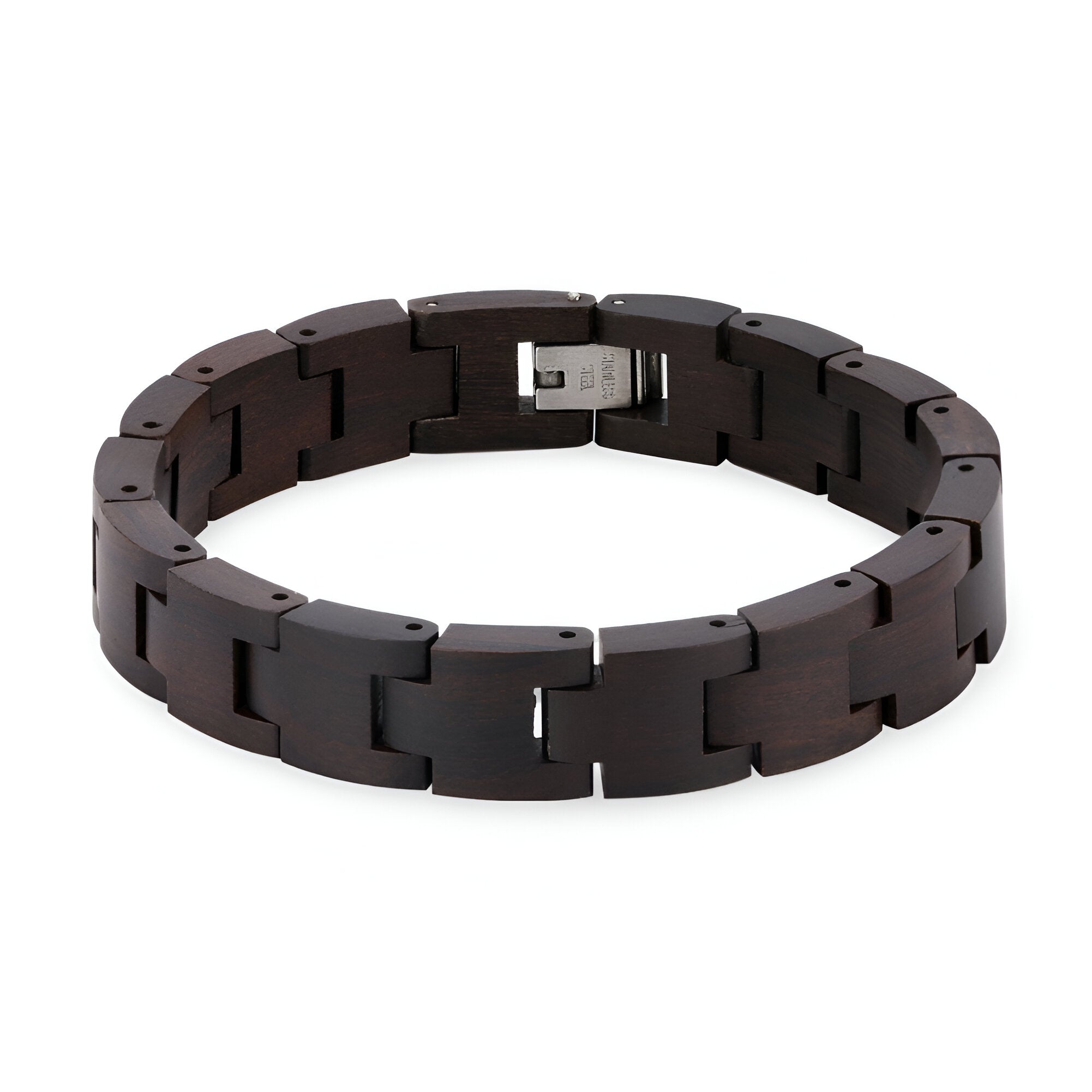 Bracelet en bois d’ébène pour homme avec maillons larges et fermoir métallique argenté.