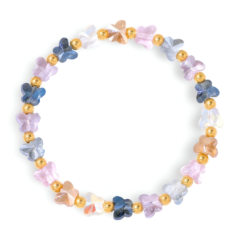 Bracelet femme avec papillons en cristal multicolores et perles dorées brillantes.