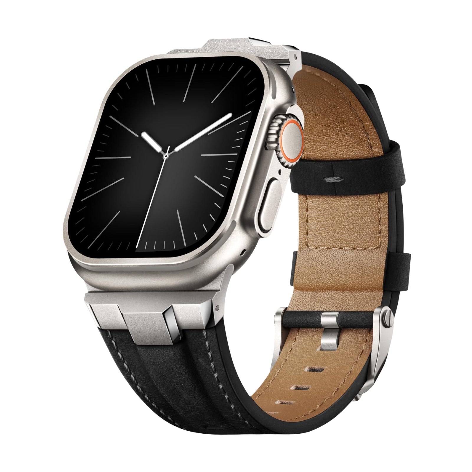 Bracelet en cuir noir avec coutures apparentes, boucle argentée, pour Apple Watch modèle Toulan.
