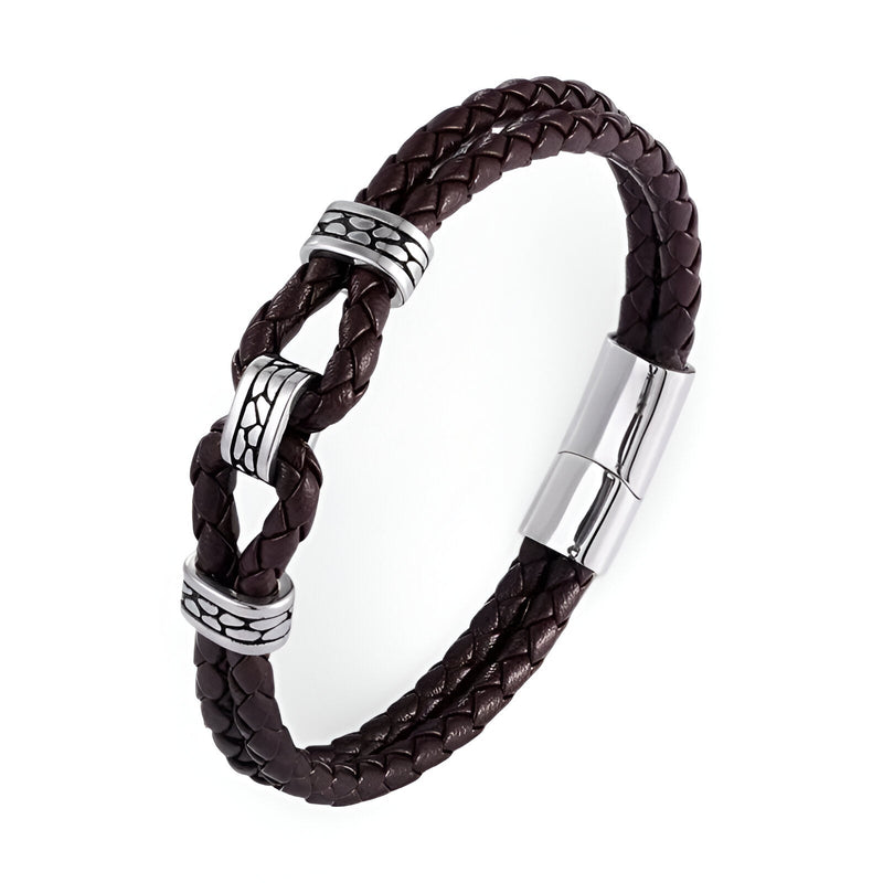Bracelet homme en cuir tressé marron avec nœud et fermoir magnétique en acier inoxydable.