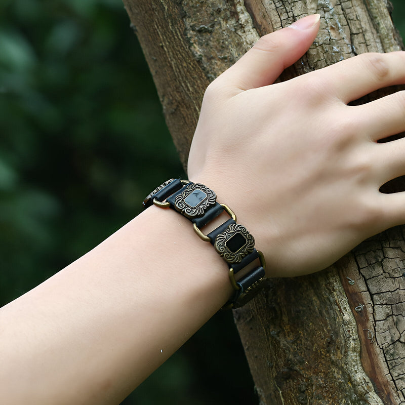 Pulsera de cuero con motivos radiantes, unisex, modelo Rune