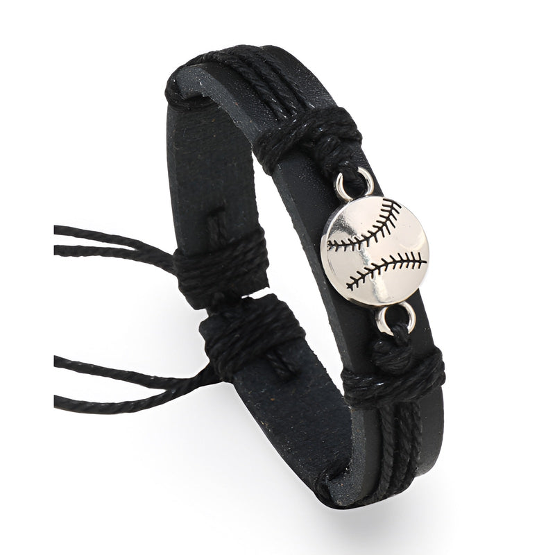 Bracelet en cuir noir pour homme avec pendentif balle de baseball argentée modèle Ruth.