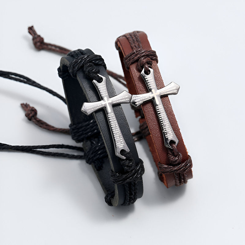 Bracelet en cuir noir avec croix chrétienne métallique argentée, style masculin ajustable .