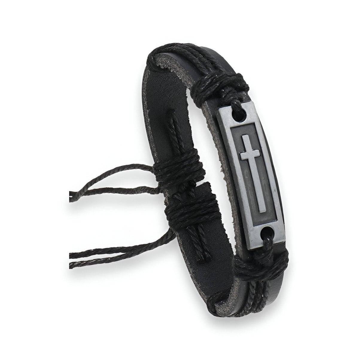 Bracelet en cuir noir avec plaque métallique gravée d'une croix chrétienne, style homme.