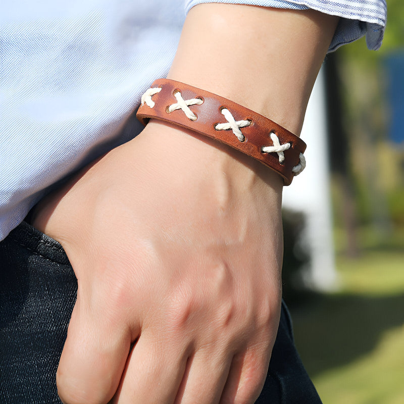 Leren armband, gevlochten kruis, voor heren, grijs model