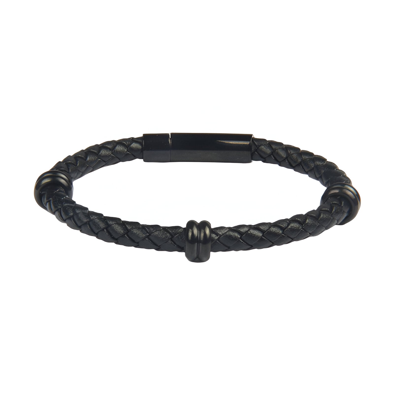 Bracelet homme en cuir noir tressé avec fermoir et détail métallique noir mat.