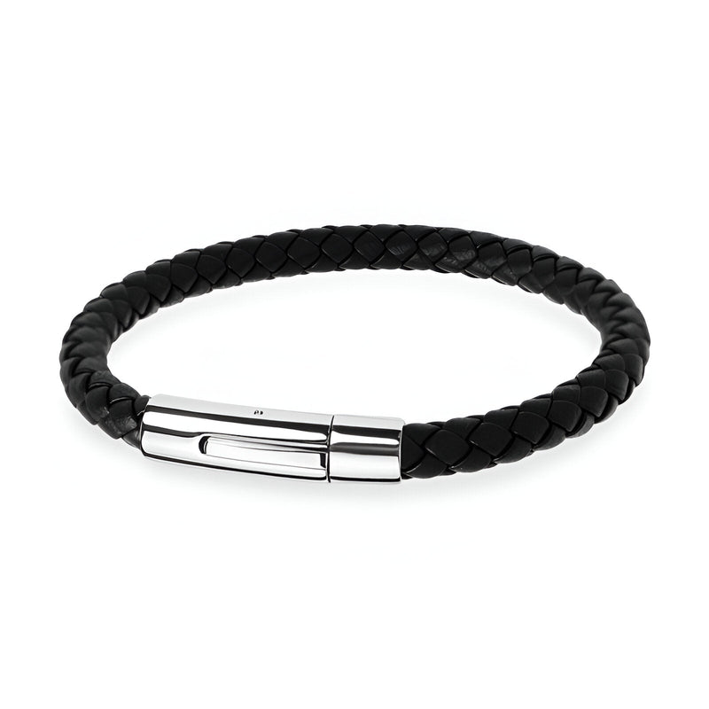 Bracelet homme en cuir noir tressé avec fermoir en acier inoxydable argenté lisse.