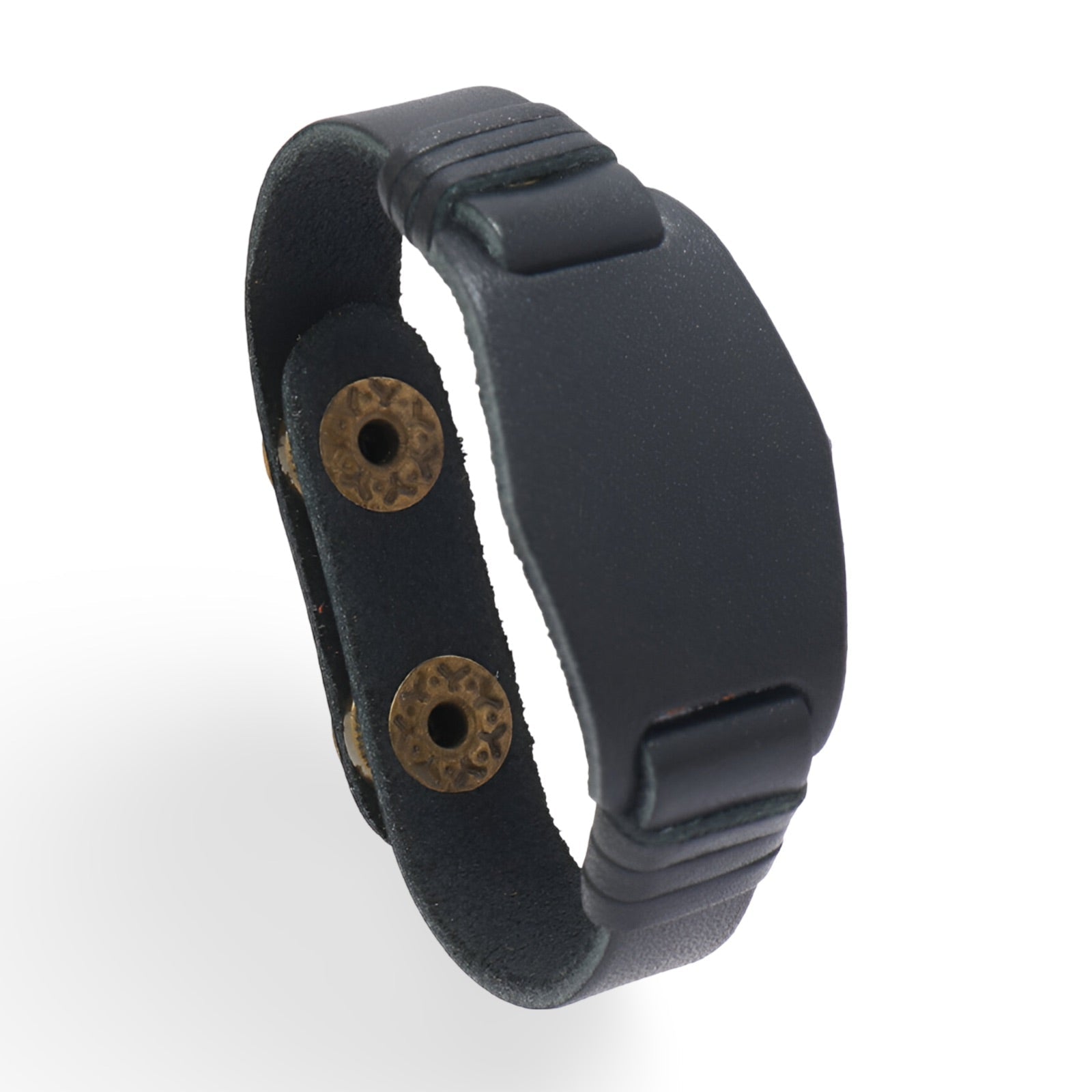 Bracelet large en cuir noir avec fermoir à boutons-pression et design minimaliste.