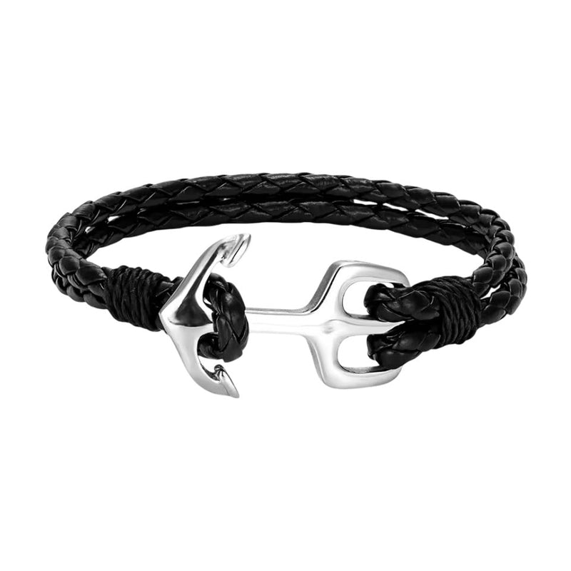 Bracelet marin noir en cuir tressé avec ancre argentée en acier inoxydable.