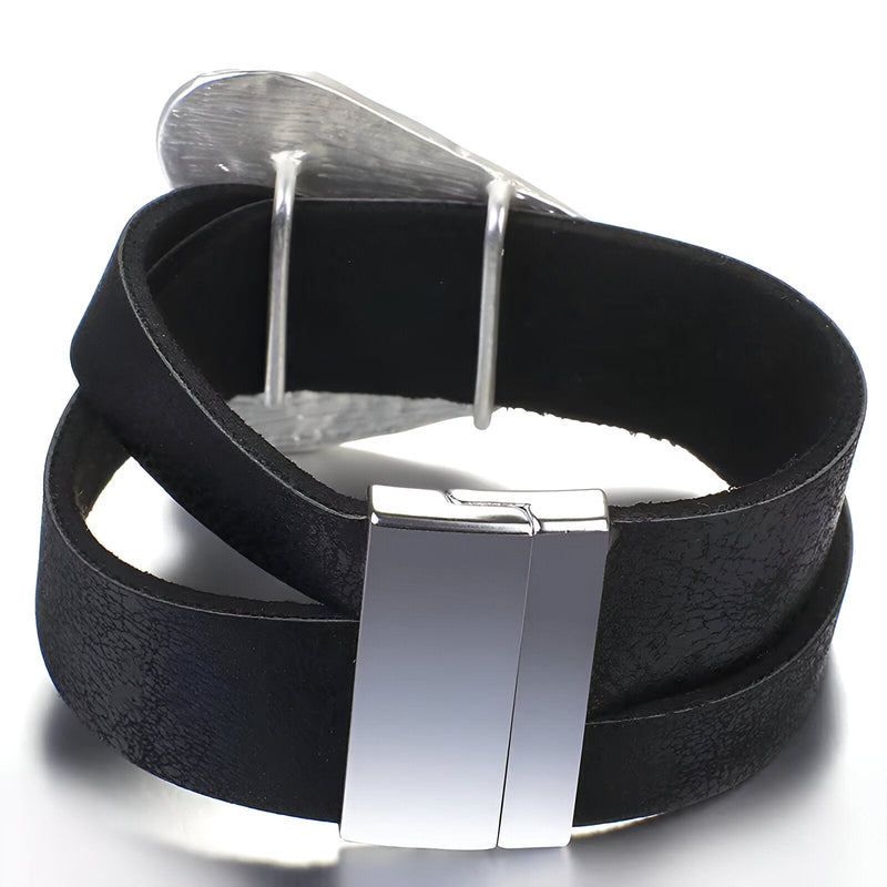 Bracelet femme en cuir microfibre noir à double bande avec fermoir métallique argenté rectangulaire.