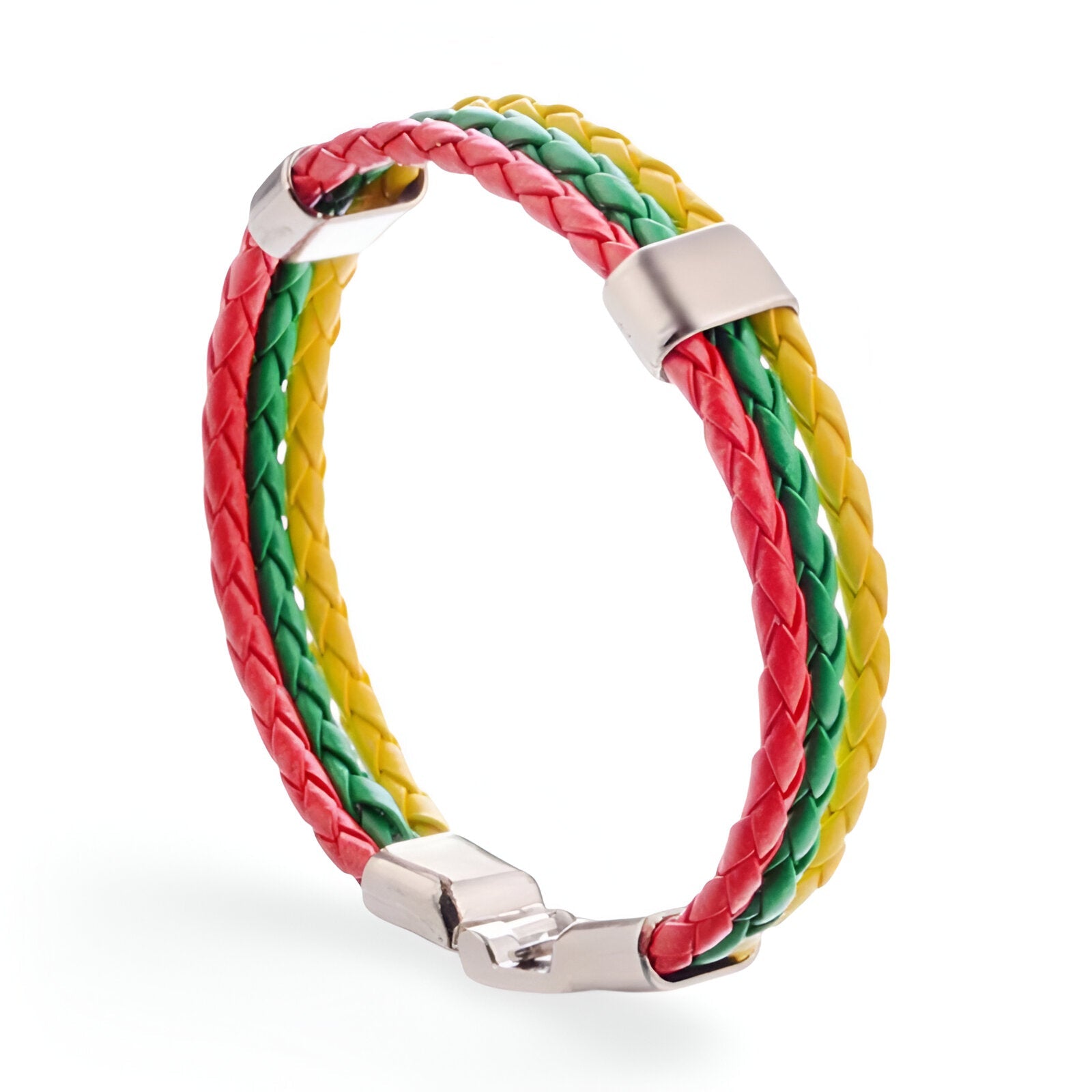 Bracelet en cuir microfibre tressé tricolore rouge, jaune et vert avec fermoir métallique argenté.