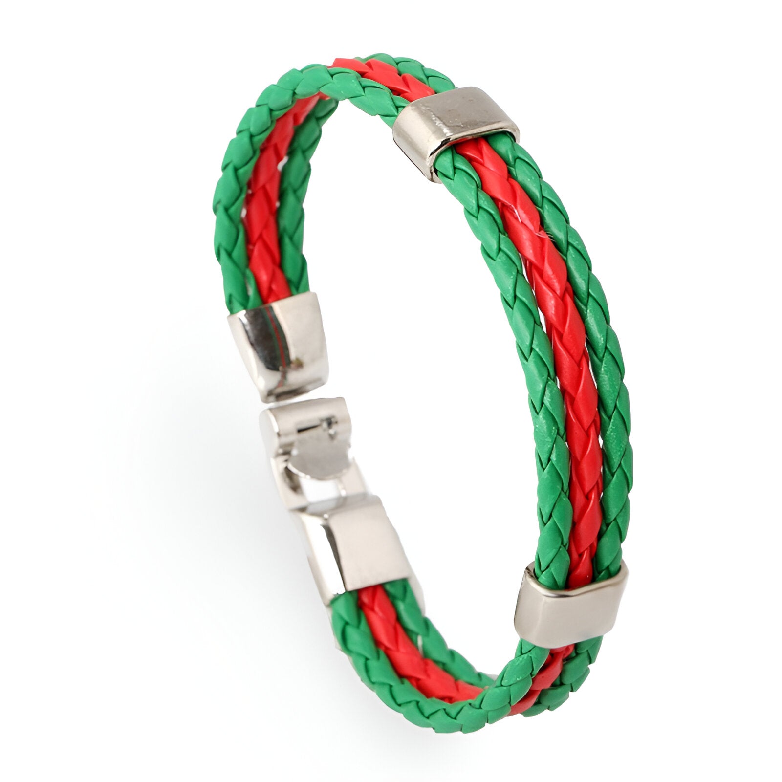 Bracelet mixte en cuir microfibre vert et rouge, tressé avec fermoir métal argenté.