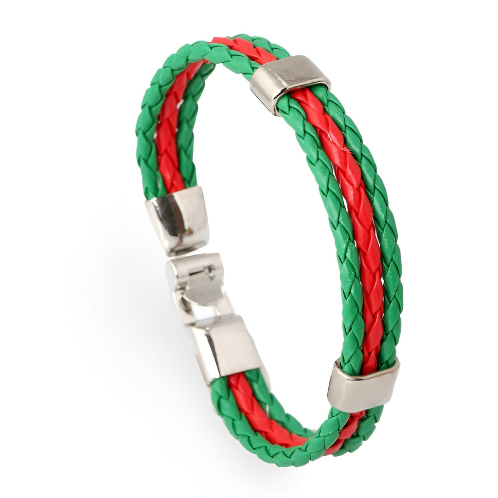 Bracelet mixte en cuir microfibre vert et rouge, tressé avec fermoir métal argenté.
