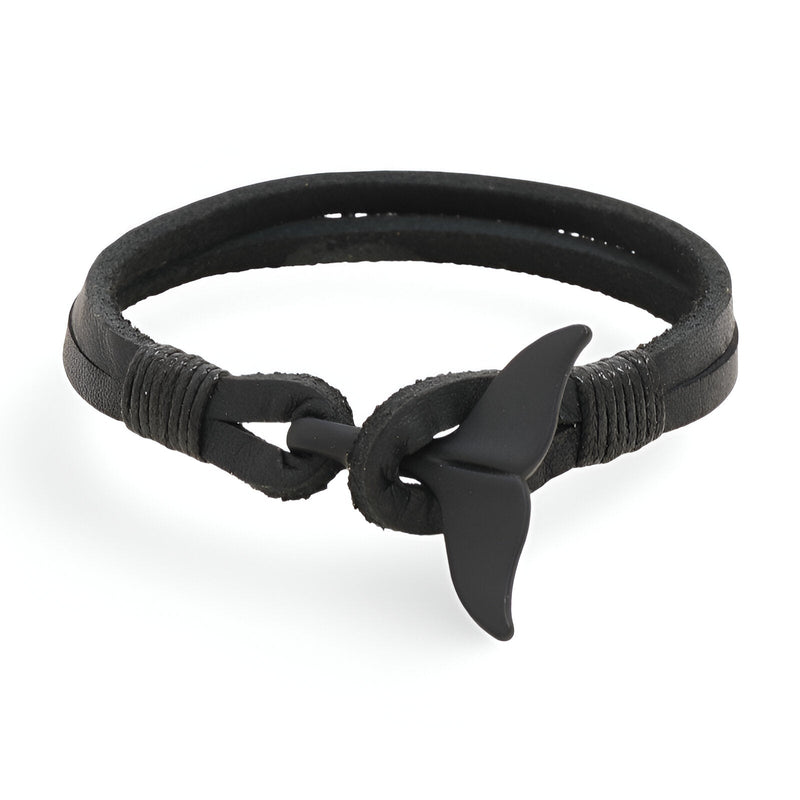 Bracelet homme en cuir noir avec motif queue de baleine et fermeture nouée.