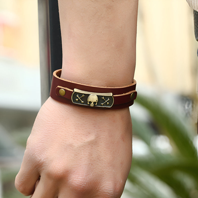 Pulsera de cuero, diseño de calavera y huesos, para hombre, modelo Talin