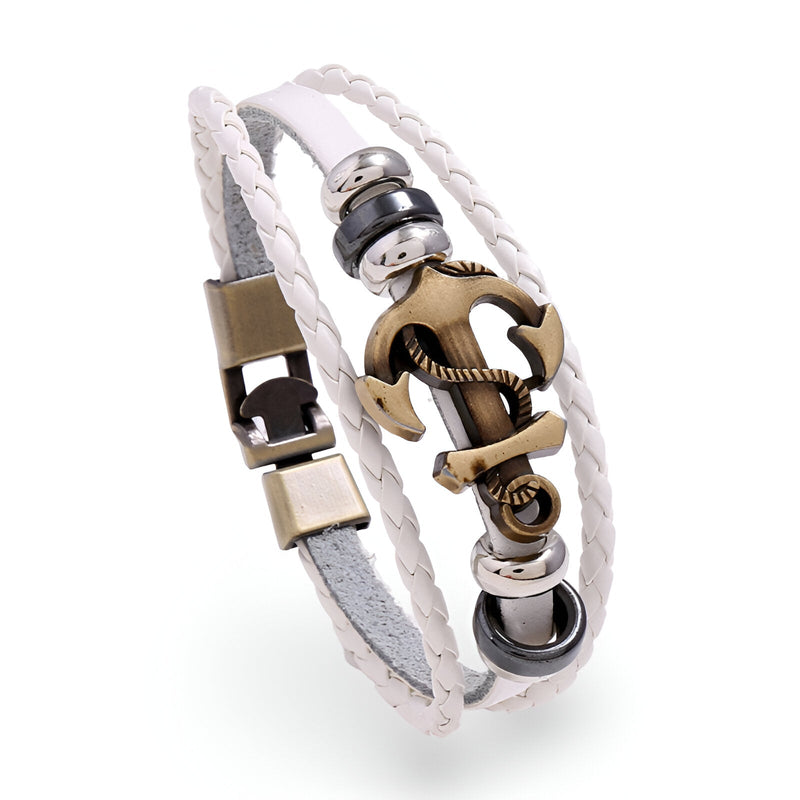 Bracelet en cuir blanc multi-rangs avec ancre marine en métal bronze et détails en acier inoxydable.