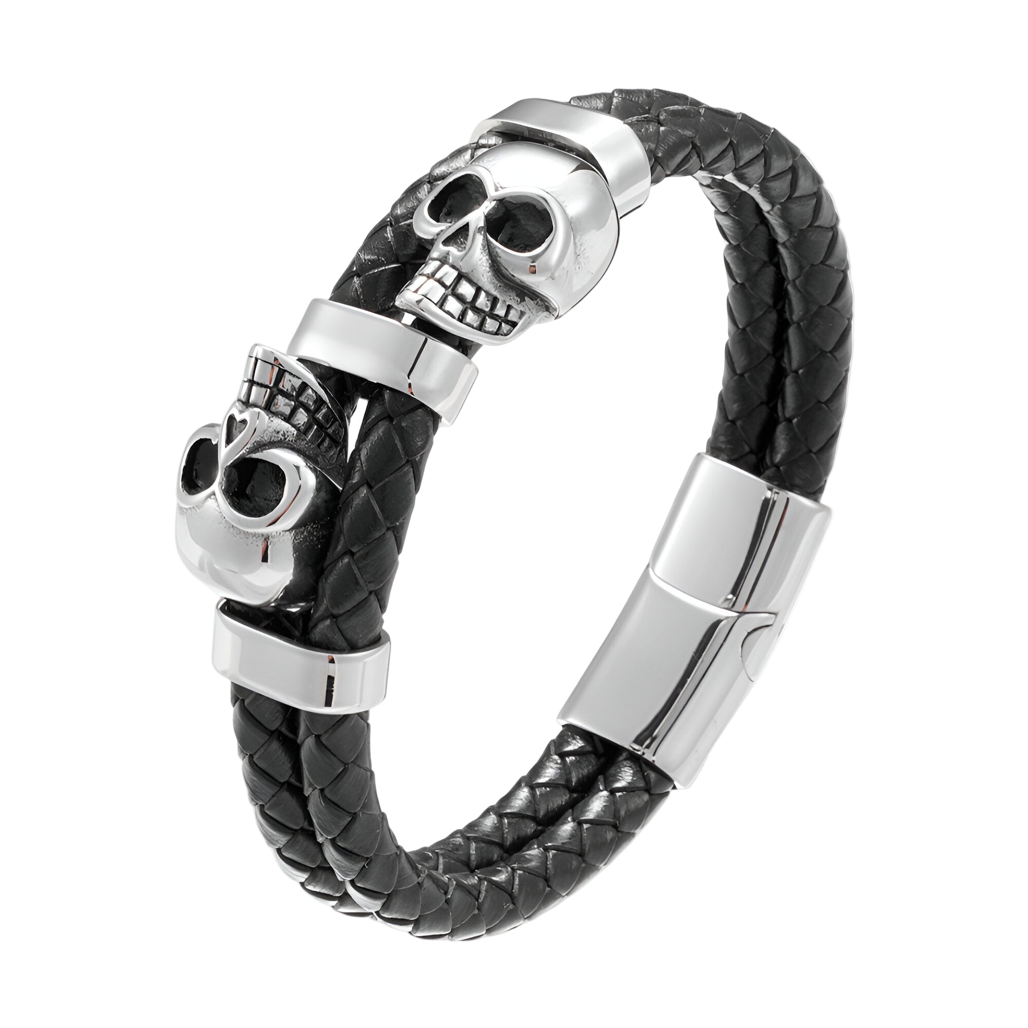 Bracelet en cuir noir tressé avec ornement double têtes de mort en métal argenté et fermoir magnétique.