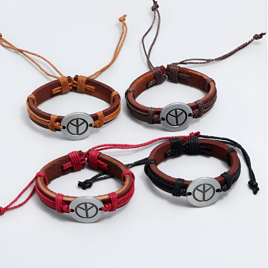 Bracelets en cuir Nita, mixte, avec médaillon peace and love, couleurs noir, rouge, marron et café, fermeture à nœud.