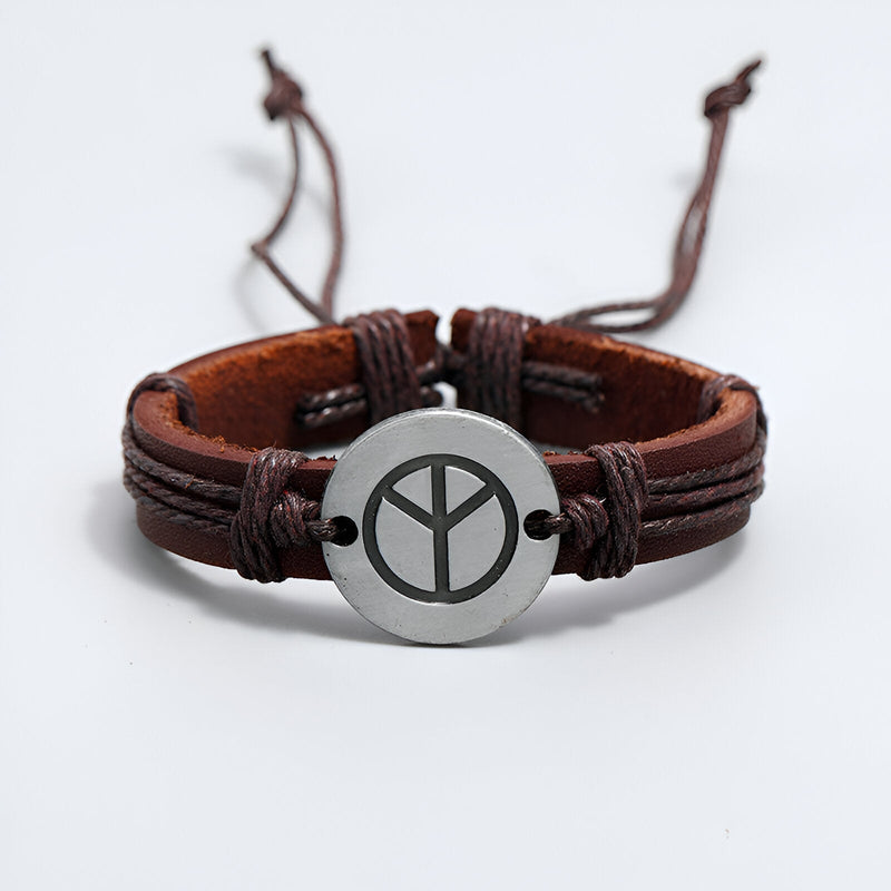 Bracelet en cuir marron avec symbole Peace and Love en métal argenté, style mixte ajustable.