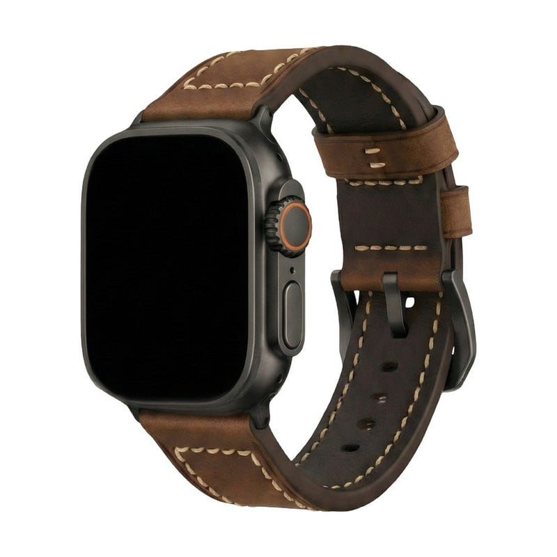 Full-grain leather bracelet for Apple Watch, thick 4MM design with stainless steel buckle, bold masculine look, Audemart model
