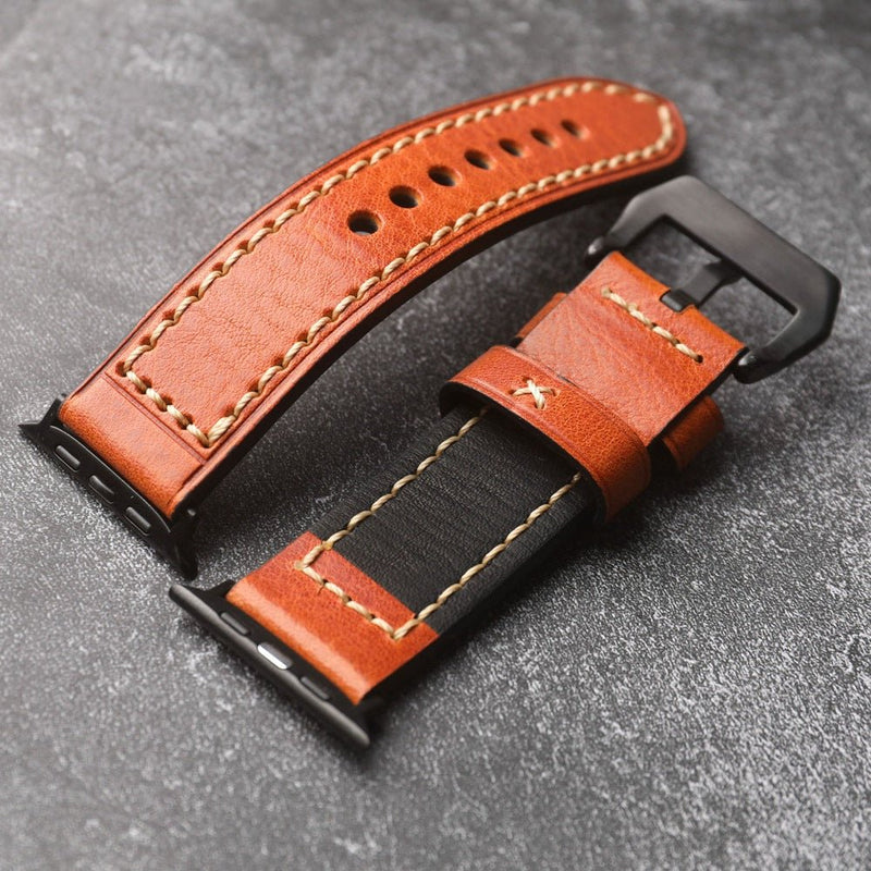 Full-grain leather bracelet for Apple Watch, thick 4MM design with stainless steel buckle, bold masculine look, Audemart model