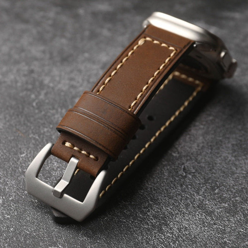 Full-grain leather bracelet for Apple Watch, thick 4MM design with stainless steel buckle, bold masculine look, Audemart model
