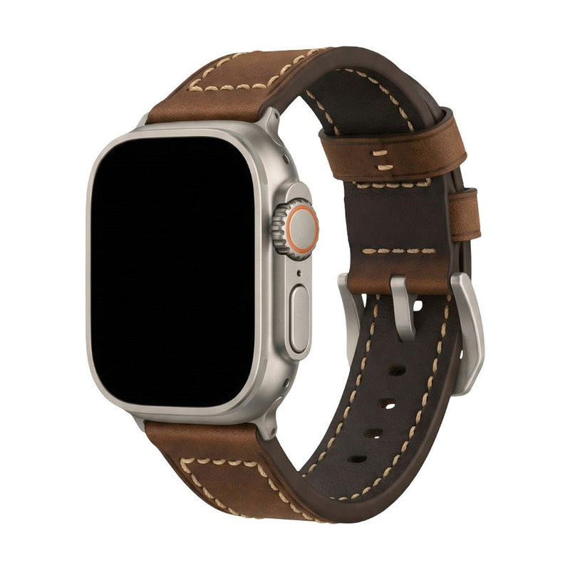 Full-grain leather bracelet for Apple Watch, thick 4MM design with stainless steel buckle, bold masculine look, Audemart model