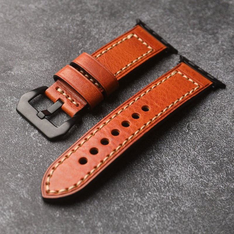 Full-grain leather bracelet for Apple Watch, thick 4MM design with stainless steel buckle, bold masculine look, Audemart model