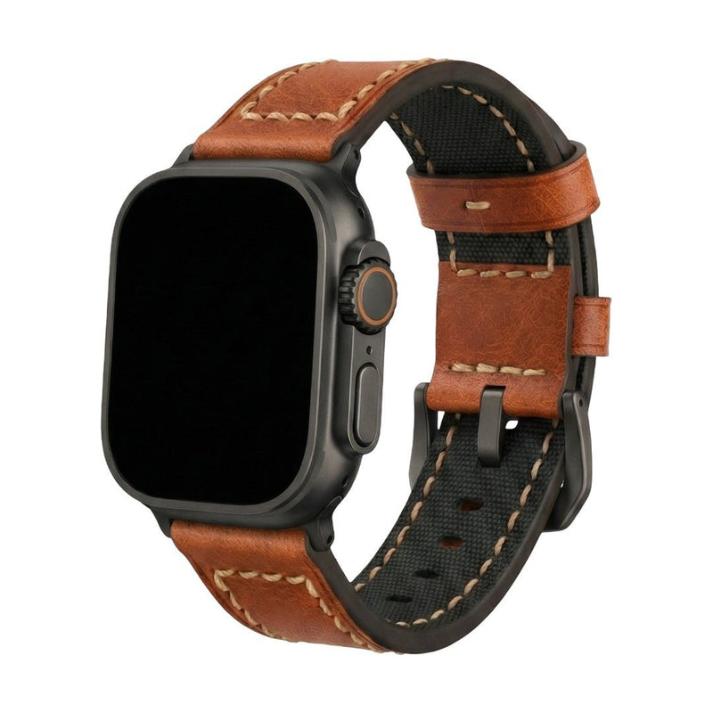 Full-grain leather bracelet for Apple Watch, thick 4MM design with stainless steel buckle, bold masculine look, Audemart model