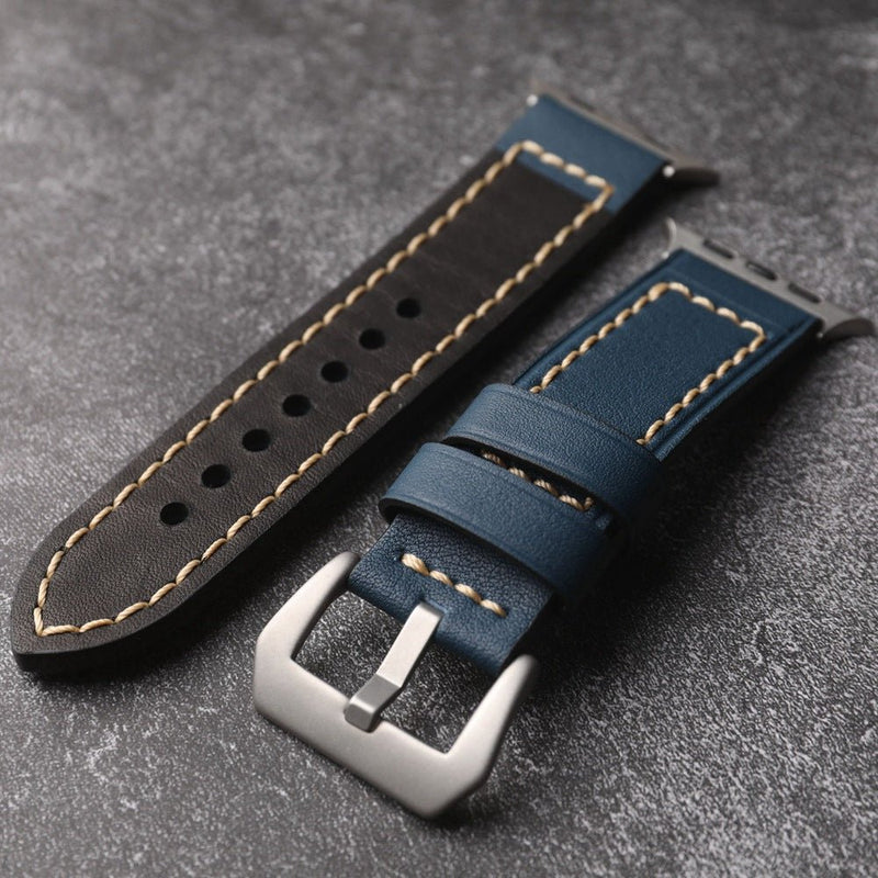 Full-grain leather bracelet for Apple Watch, thick 4MM design with stainless steel buckle, bold masculine look, Audemart model