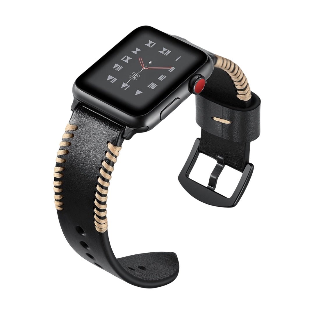 Bracelet en cuir noir avec couture beige contrastée, boucle en acier noir pour Apple Watch.