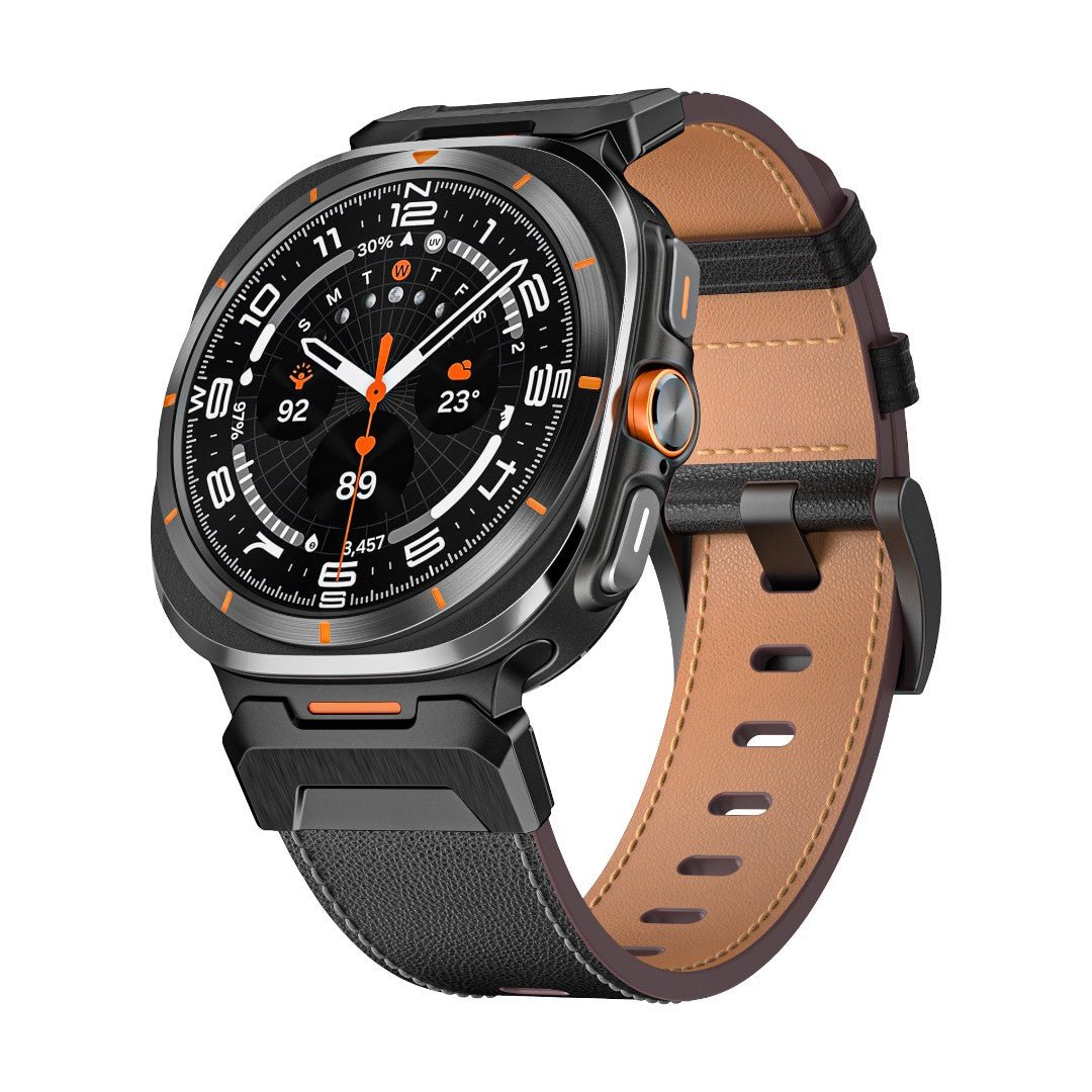 Bracelet en cuir noir avec doublure marron et boucle ardillon noire, style sportif pour Galaxy Watch 8 Ultra.