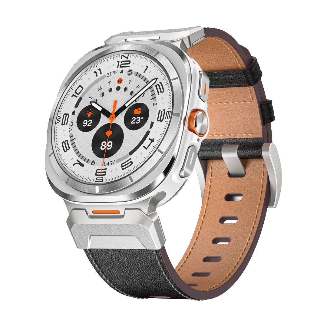 Bracelet en cuir noir avec doublure marron clair et boucle ardillon argentée pour Galaxy Watch 8 Ultra, style sportif et.